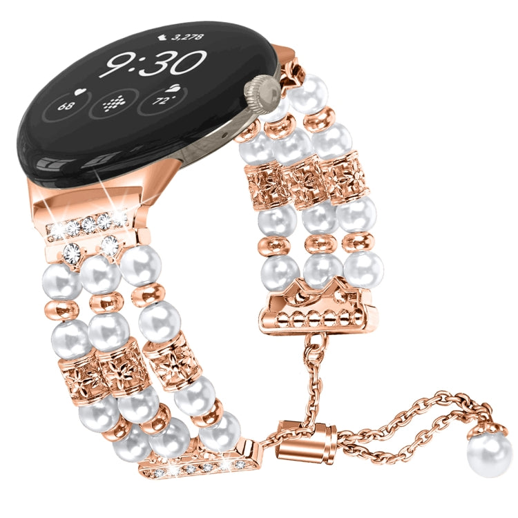 Rose-gold pearl half bracelet watch band with white pearls, crystal accents, chain clasp