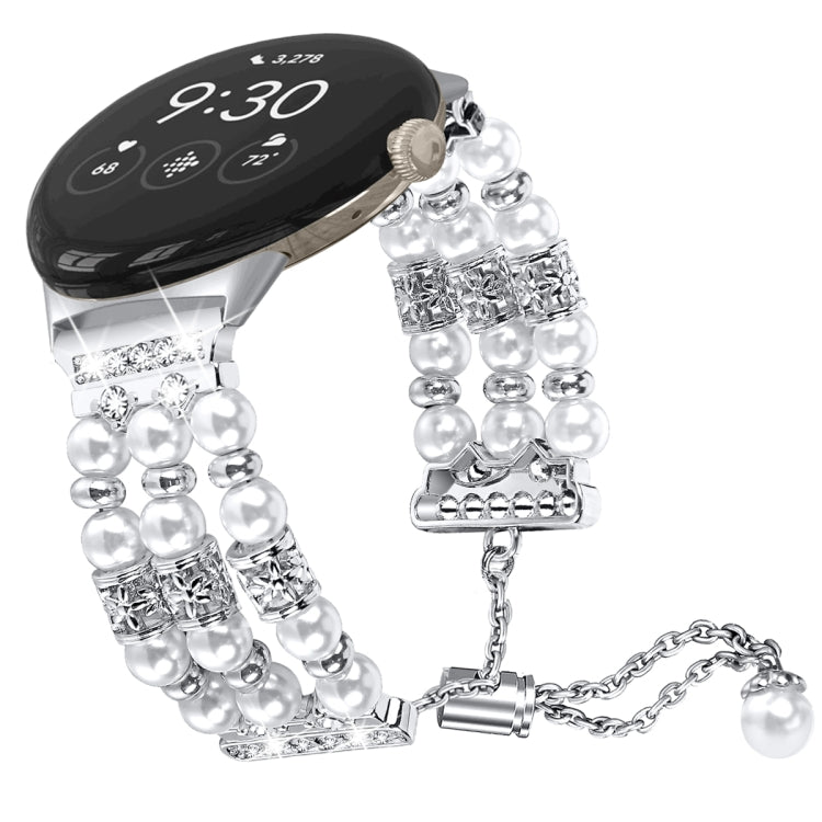 Silver pearl half bracelet watch band with white pearls, crystal center links, chain clasp
