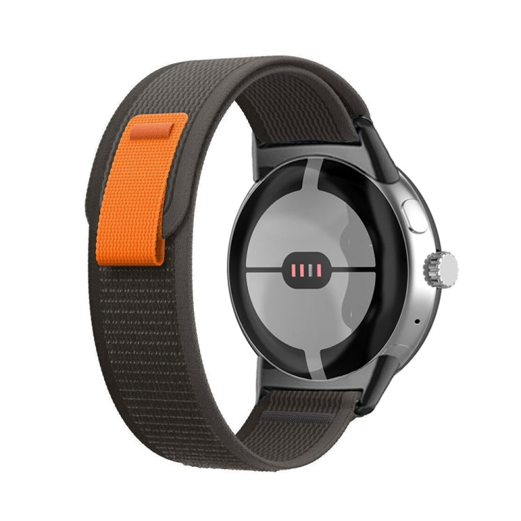 Loop nylon watch band with connector, black with orange side tab detail.