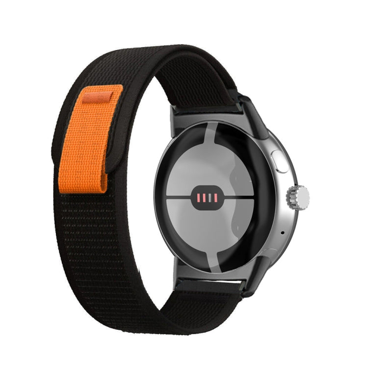 Loop nylon watch band with connector, black band and orange accent tab.