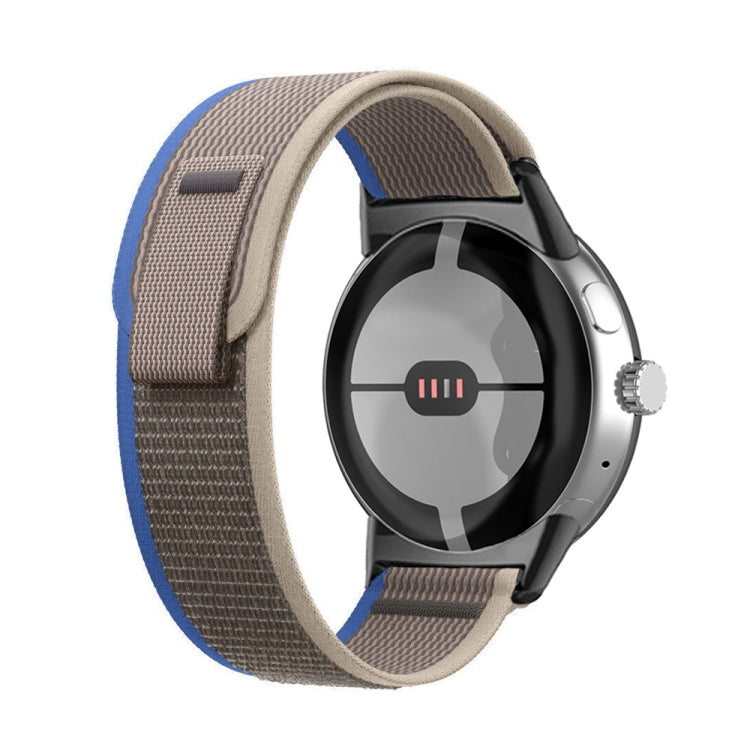 Loop nylon watch band with connector, beige band with blue edge stripe.