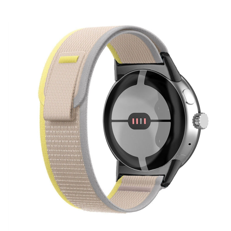 Loop nylon watch band with connector, beige band with yellow side accent.