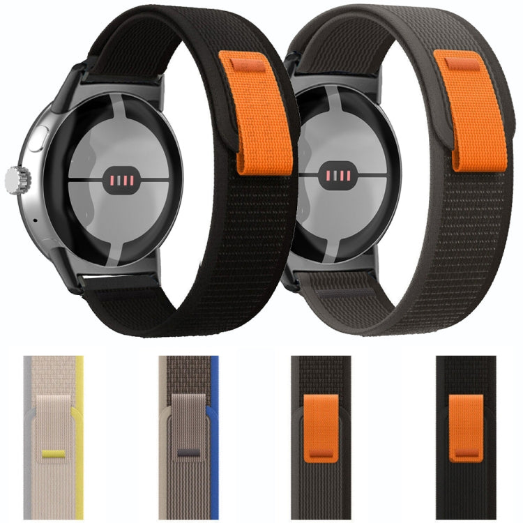 Two loop nylon watch bands with connectors, black and orange side tab accents.
