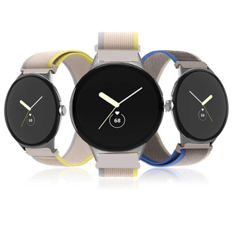 Set of loop nylon watch bands with connectors in light beige, blue, and black colors.