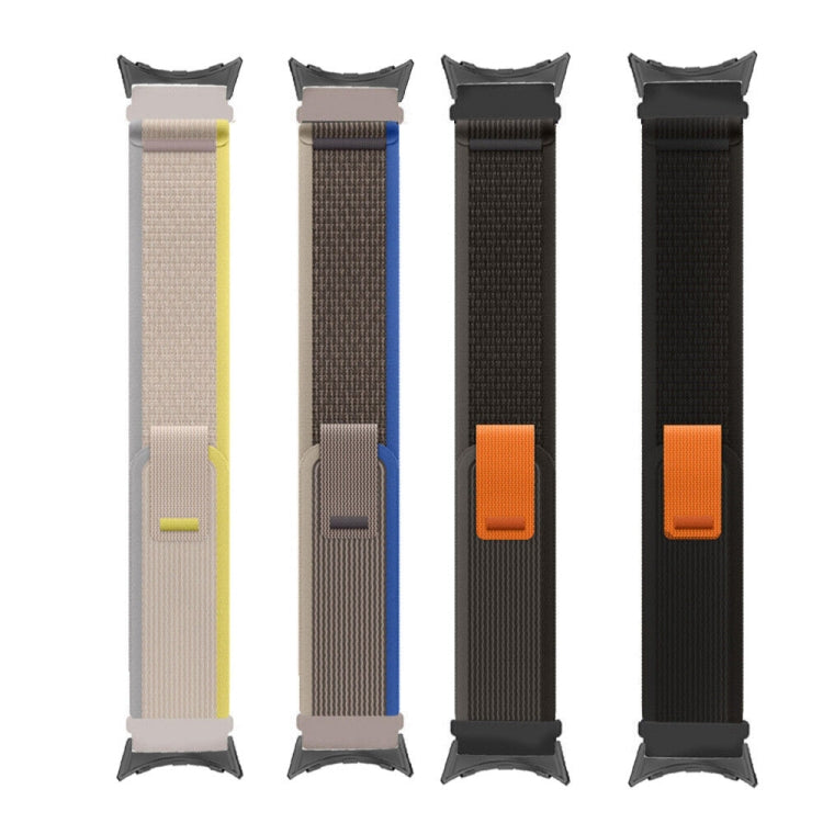 Five loop nylon watch bands with connectors, beige, blue, black, and orange accents.