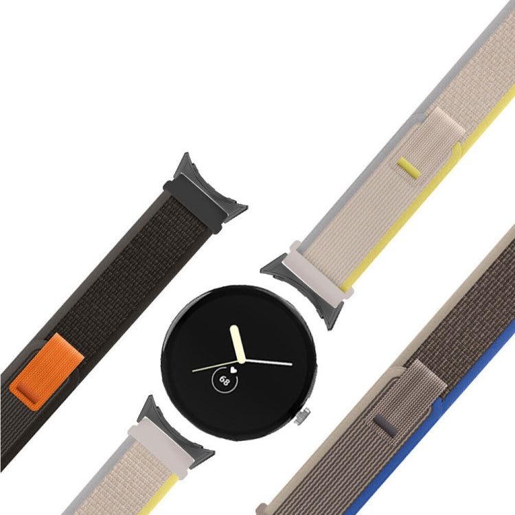 Loop nylon watch bands with connectors, close-up showing beige with yellow stripe and black/orange.