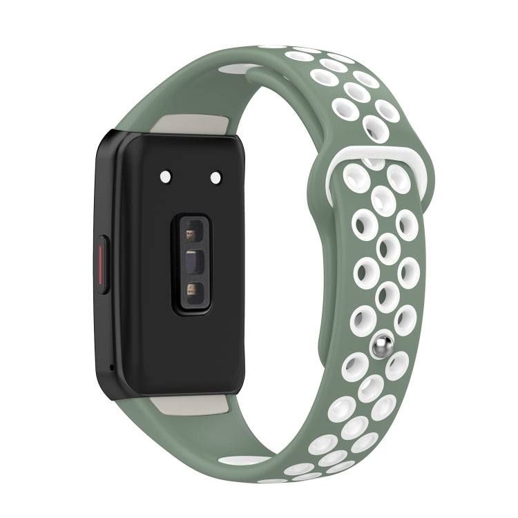 Two-color silicone watch band with reverse buckle, green and white perforated strap