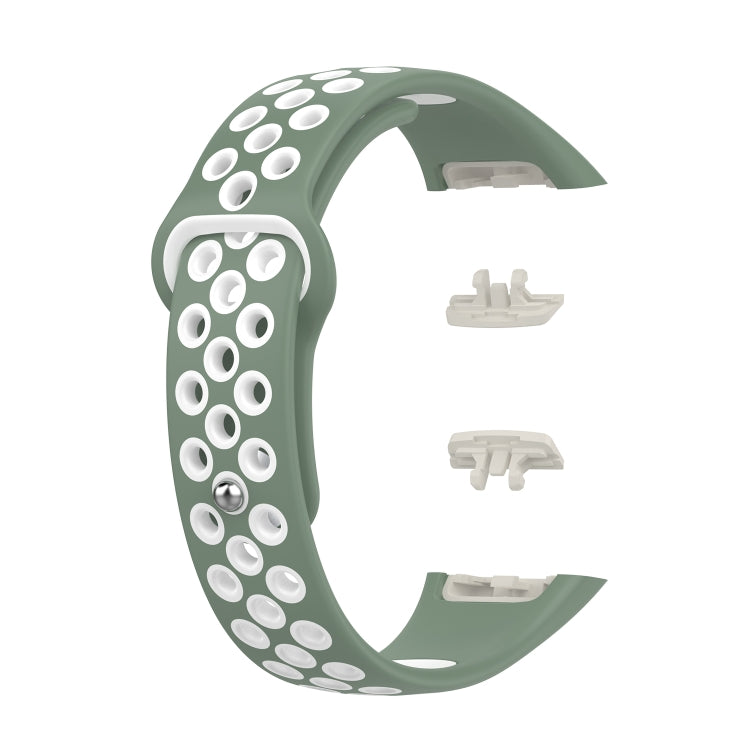 Two-color silicone watch band with reverse buckle, green and white perforated band set