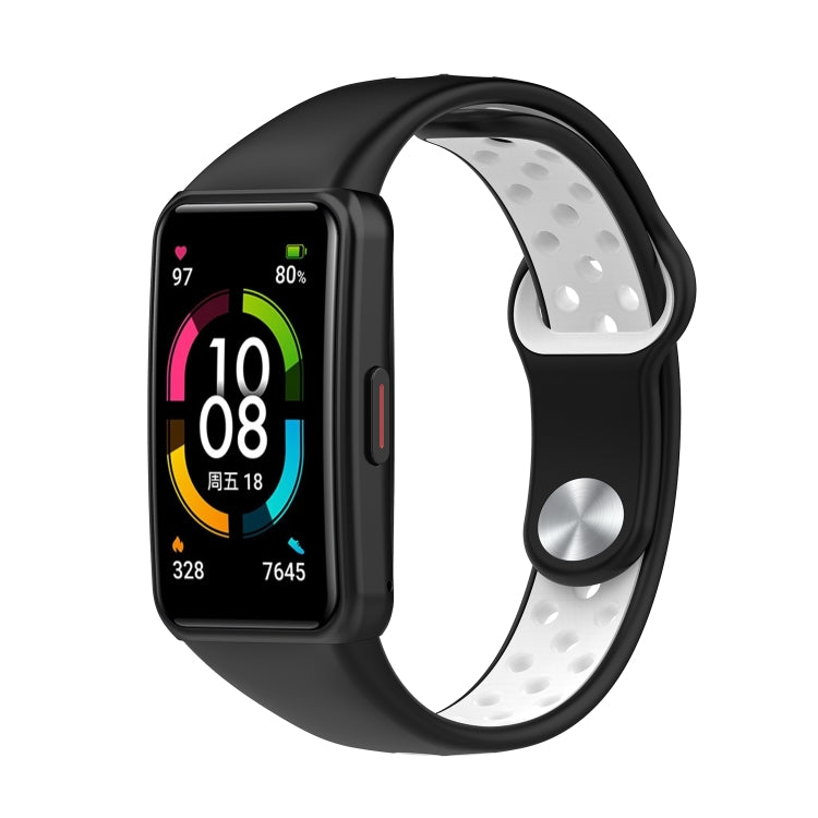 Two-color silicone watch band with reverse buckle, black and white perforated strap
