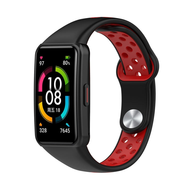 Two-color silicone watch band with reverse buckle, black and red perforated strap