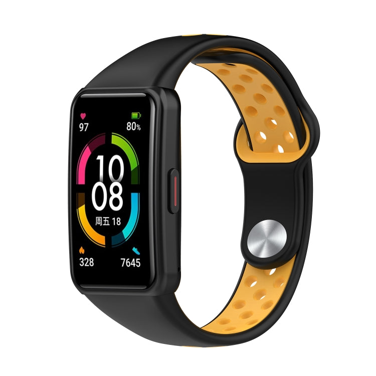 Two-color silicone watch band with reverse buckle, black and yellow perforated strap