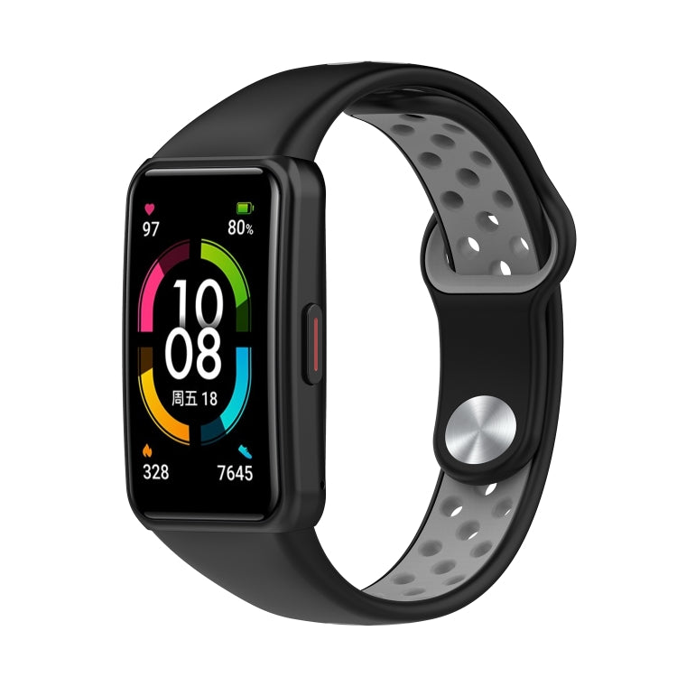 Two-color silicone watch band with reverse buckle, black strap with dark gray perforated underside