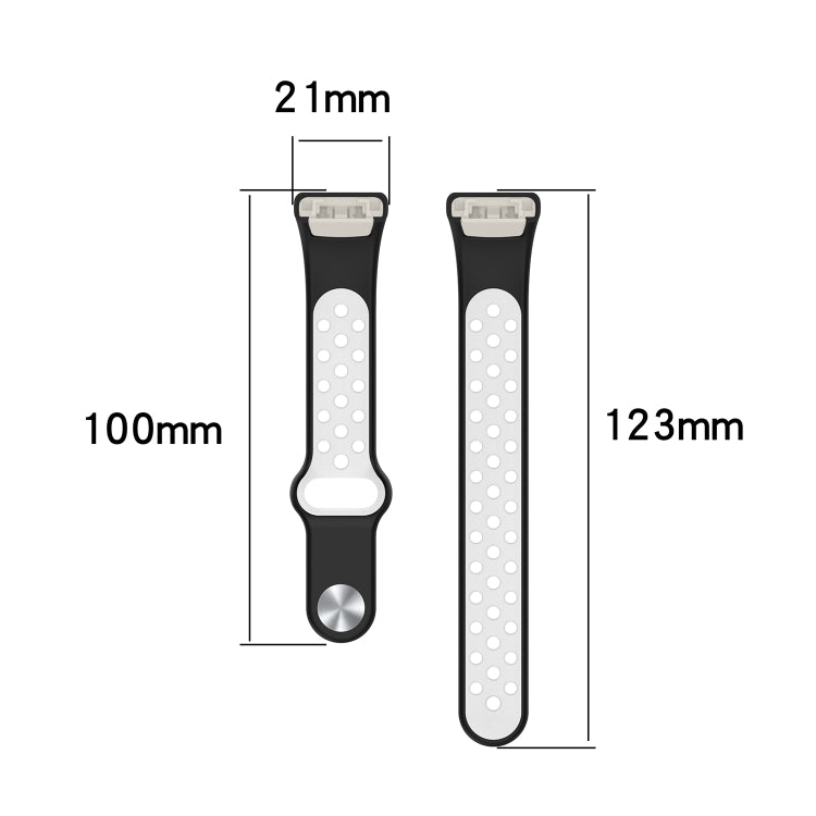 Two-color silicone watch band with reverse buckle, front and side view with strap dimensions