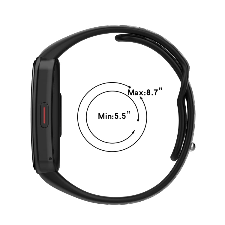 Two-color silicone watch band with reverse buckle, black strap showing min and max fit