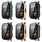 Integrated tempered film watch protective case, shown in black, blue, green, ivory, and pink