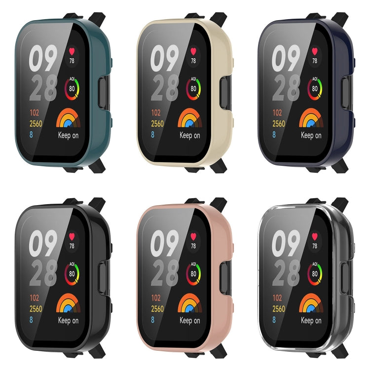Integrated tempered film watch protective case, shown in black, blue, green, ivory, and pink