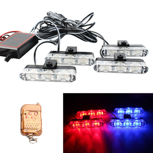 Car grille LED warning light set with remote; four LED bars glowing red and blue
