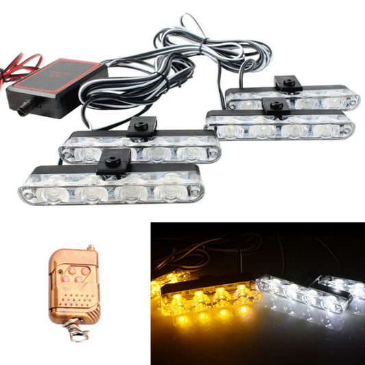 LED warning light bars glowing yellow and white with wireless remote controller