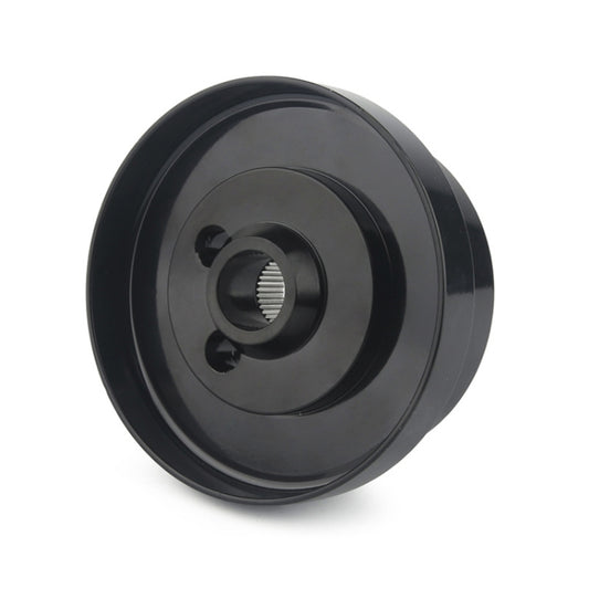 Black hub adapter face with center spline opening and recessed mounting holes