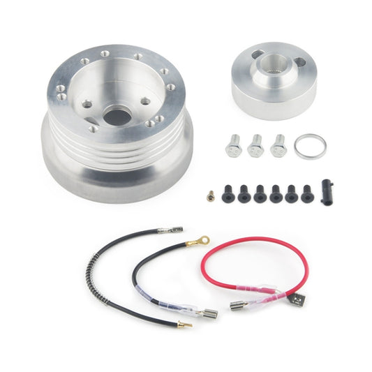 Polished steering wheel hub adapter kit with silver hub, wires, and mounting hardware