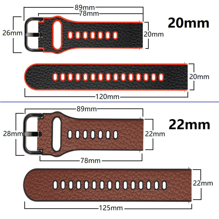 Watch band size diagram with 20mm and 22mm measurements, length and lug details.