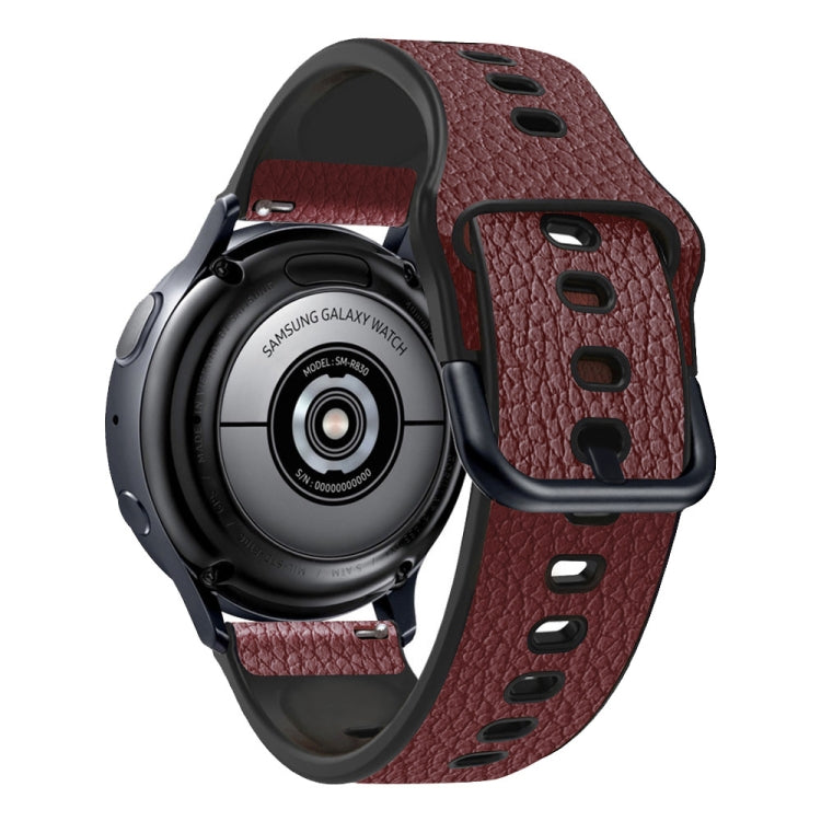 Universal litchi-texture TPU watch band, burgundy strap with black buckle and holes.