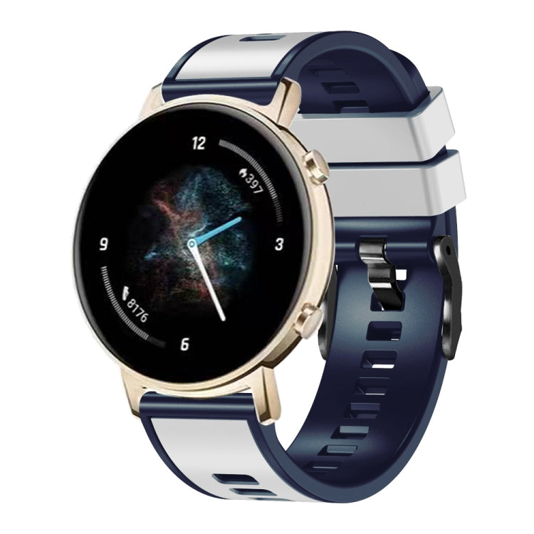 Two-tone silicone watch band in dark blue with light gray clasp and holes.