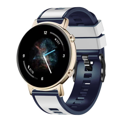 Two-tone silicone watch band in dark blue with light gray clasp and holes.