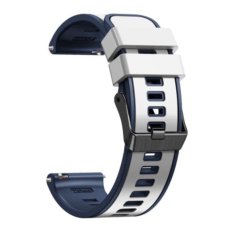 Two-tone silicone watch band in dark blue with silver clasp and vented links.