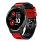 Two-color silicone watch band, red top band and black strap.
