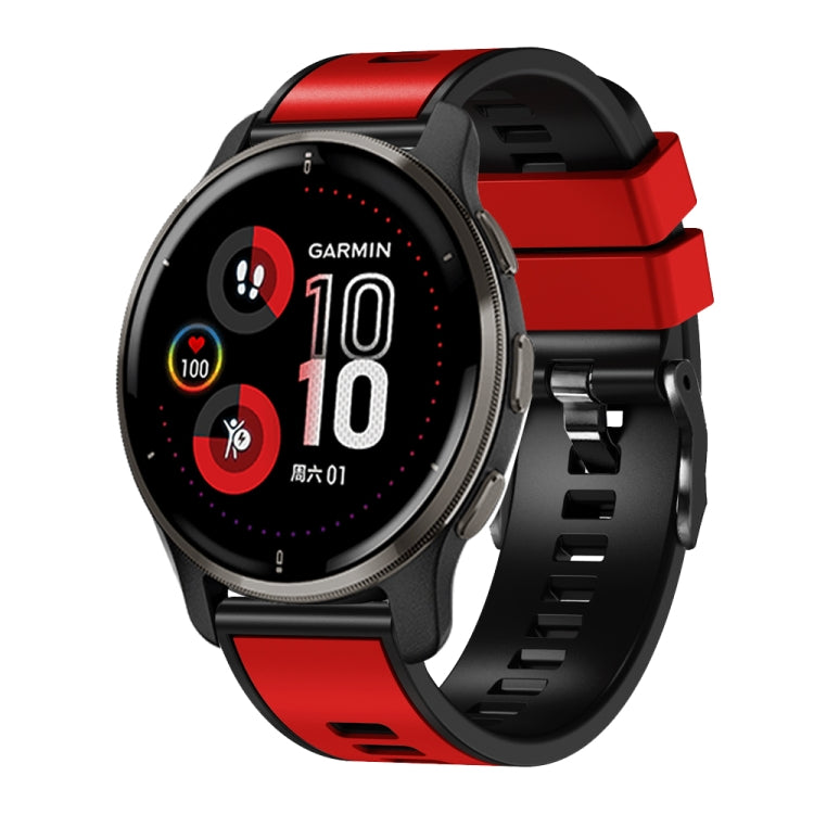 Two-color silicone watch band, red top band and black strap.