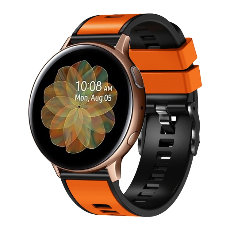Two-tone silicone watch band in bright orange with black inner strap, vented.