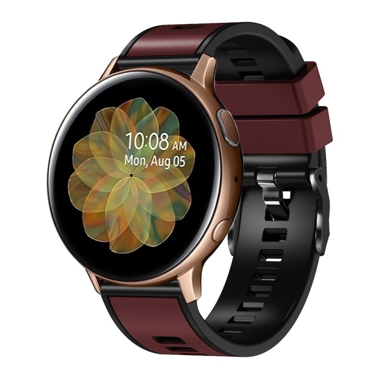 Two-color silicone watch band, maroon top band and black strap with clasp end.