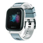 Two-color silicone watch band, teal top band and white strap with buckle end.