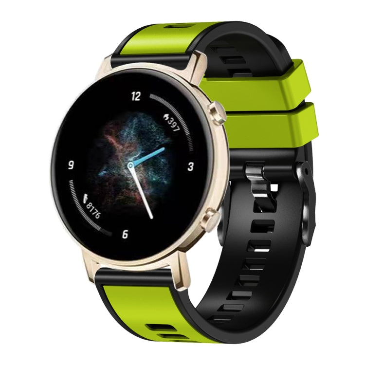 Two-tone silicone watch band, neon green and black with secure clasp, 20/22mm