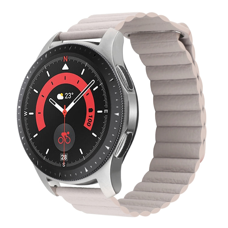 Beige magnetic loop watch band with metal buckle and smartwatch face