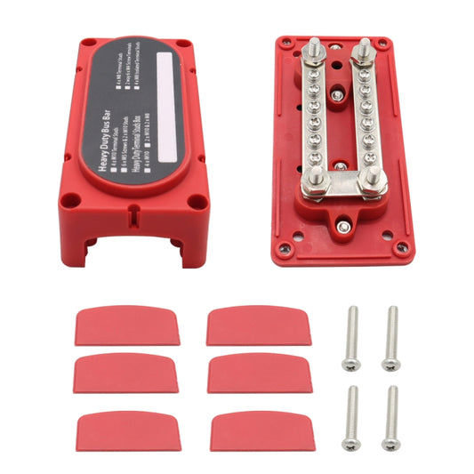 Red 12-way M6 terminal busbar with label, included covers, and mounting screws
