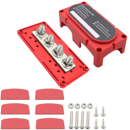 Red 4-way terminal busbar with four M10 stud screws and metal contact plate
