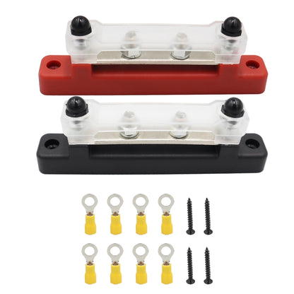 Red and black single-row DC busbar terminal block with clear cover and silver stud bolts
