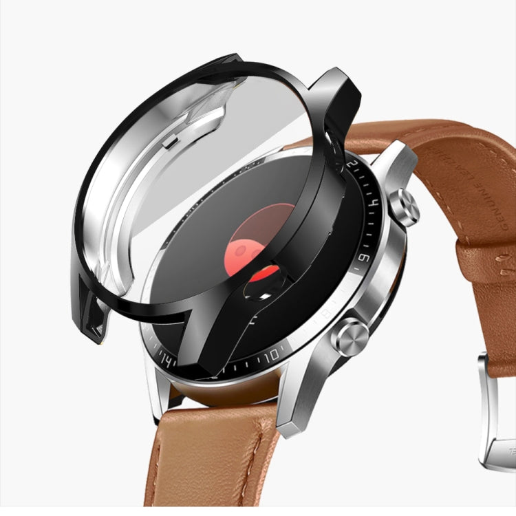 Clear-protective watch case cover with black frame for 46mm smartwatch, brown strap