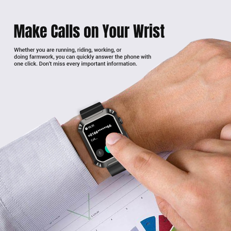 Black smartwatch on wrist with dark screen, finger tapping, silicone sport band