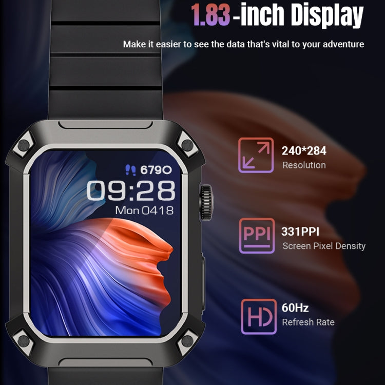 Close-up of black 1.83-inch smart watch with vibrant display and square case