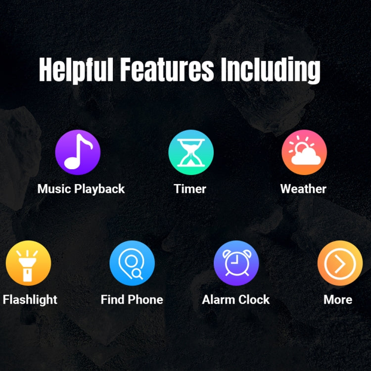 Smartwatch feature icons including music, timer, weather, flashlight, find phone, alarm