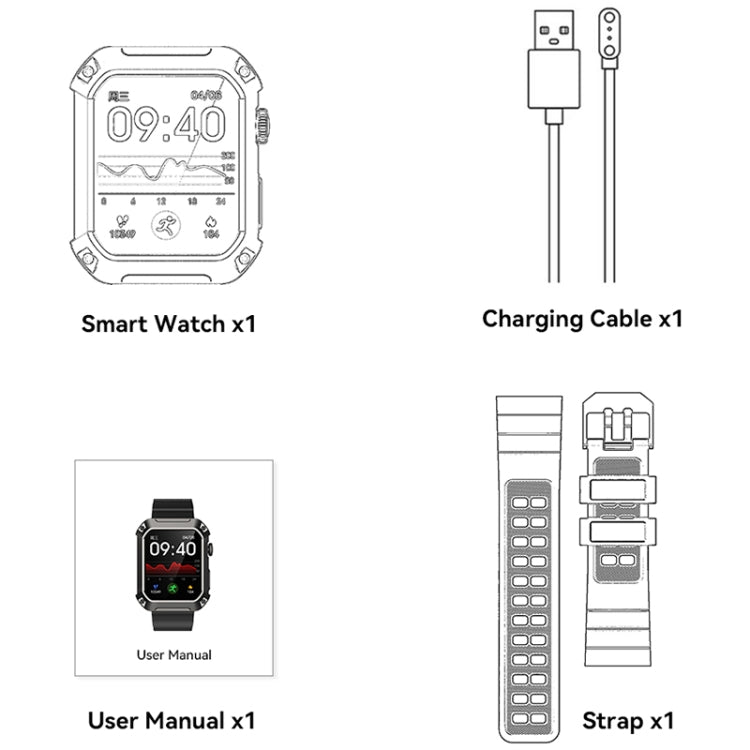 Black smart watch with digital display, black strap, and charging cable in box