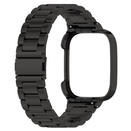 Black metal watch band with protective frame and three-bead links, side view