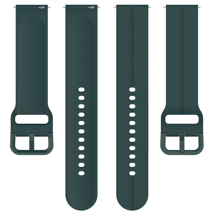 Dark green silicone watch band showing strap and buckle, with multiple adjustment holes.