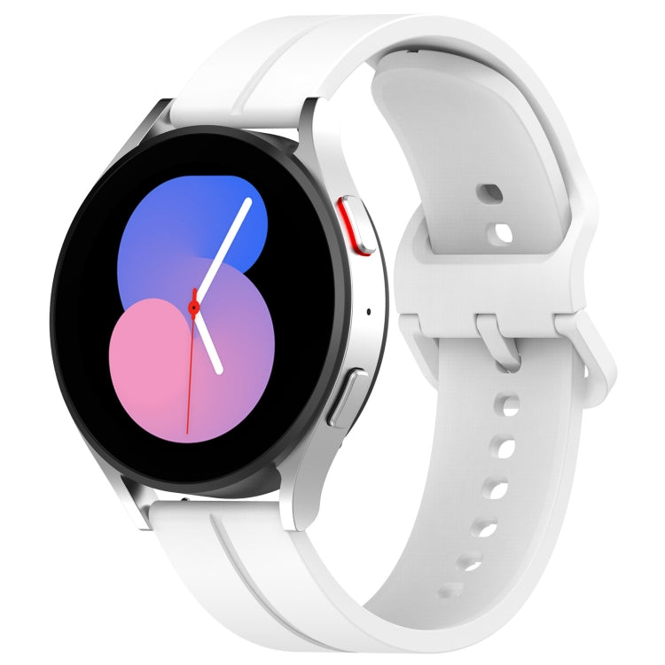 White silicone watch band with clasp and perforation holes, flat groove style.