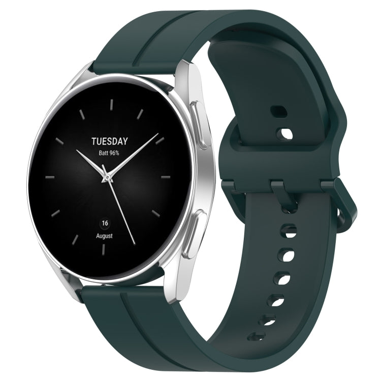 Dark green silicone watch band with clasp, rear strap holes, and flat groove design.