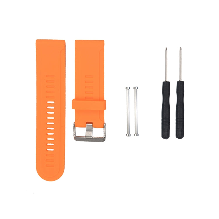 Orange silicone watch strap set with metal buckle hardware and fixing pins