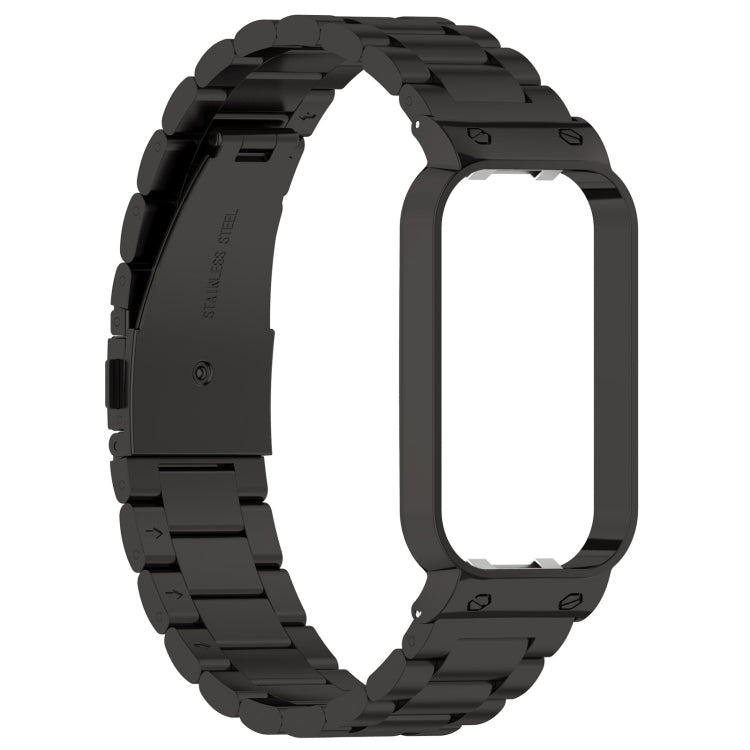 Three-bead steel watch band black, close-up side with smooth bezel and clasp